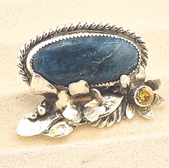BLUE APATITE & CITRINE FLORAL RING HANDMADE IN RECYCLE STERLING SILVER SZ 8 - Picture 2 of 8
